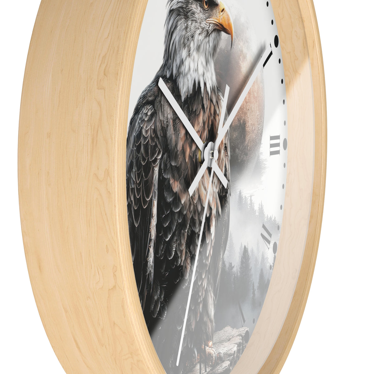Round wall clock with a light natural wood frame and a printed eagle design on the face, shown against a plain white background.
