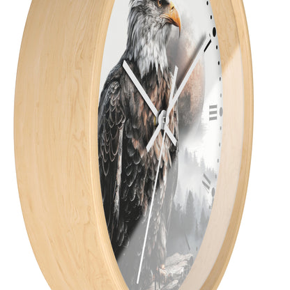 Round wall clock with a light natural wood frame and a printed eagle design on the face, shown against a plain white background.