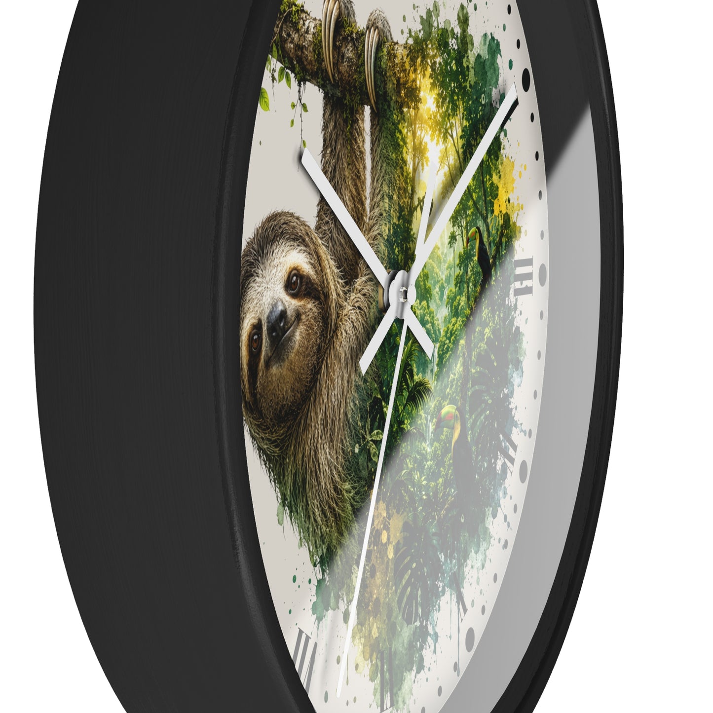A round wall clock with a black frame and a printed face showing a sloth hanging in a jungle scene. The clock is photographed against a plain white background.