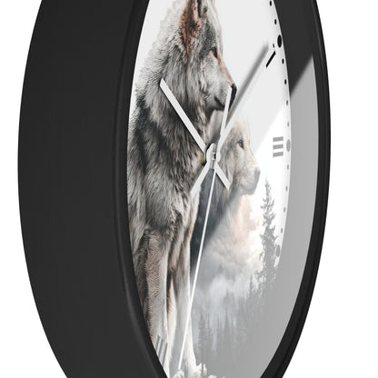 A round wall clock with a black frame and a white face featuring a printed graphic of two wolves in a misty forest.
