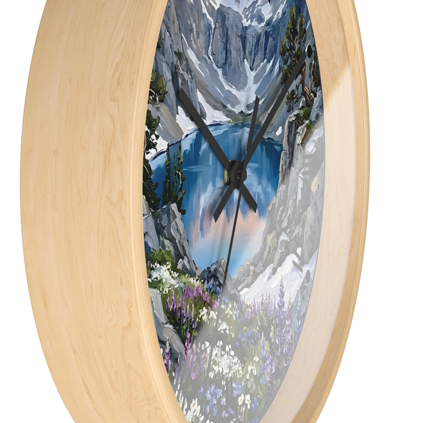 Round wall clock with a light natural wood frame and a scenic mountain lake print on the dial, shown against a plain white background.