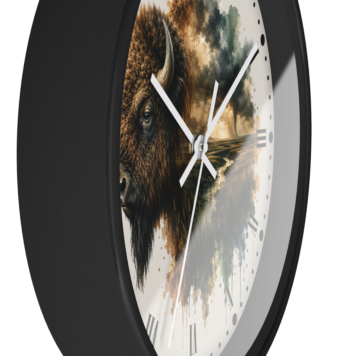 Buffalo Landscape Wall Clock — Rustic Prairie Bison Art