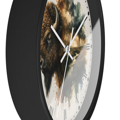 Buffalo Landscape Wall Clock — Rustic Prairie Bison Art