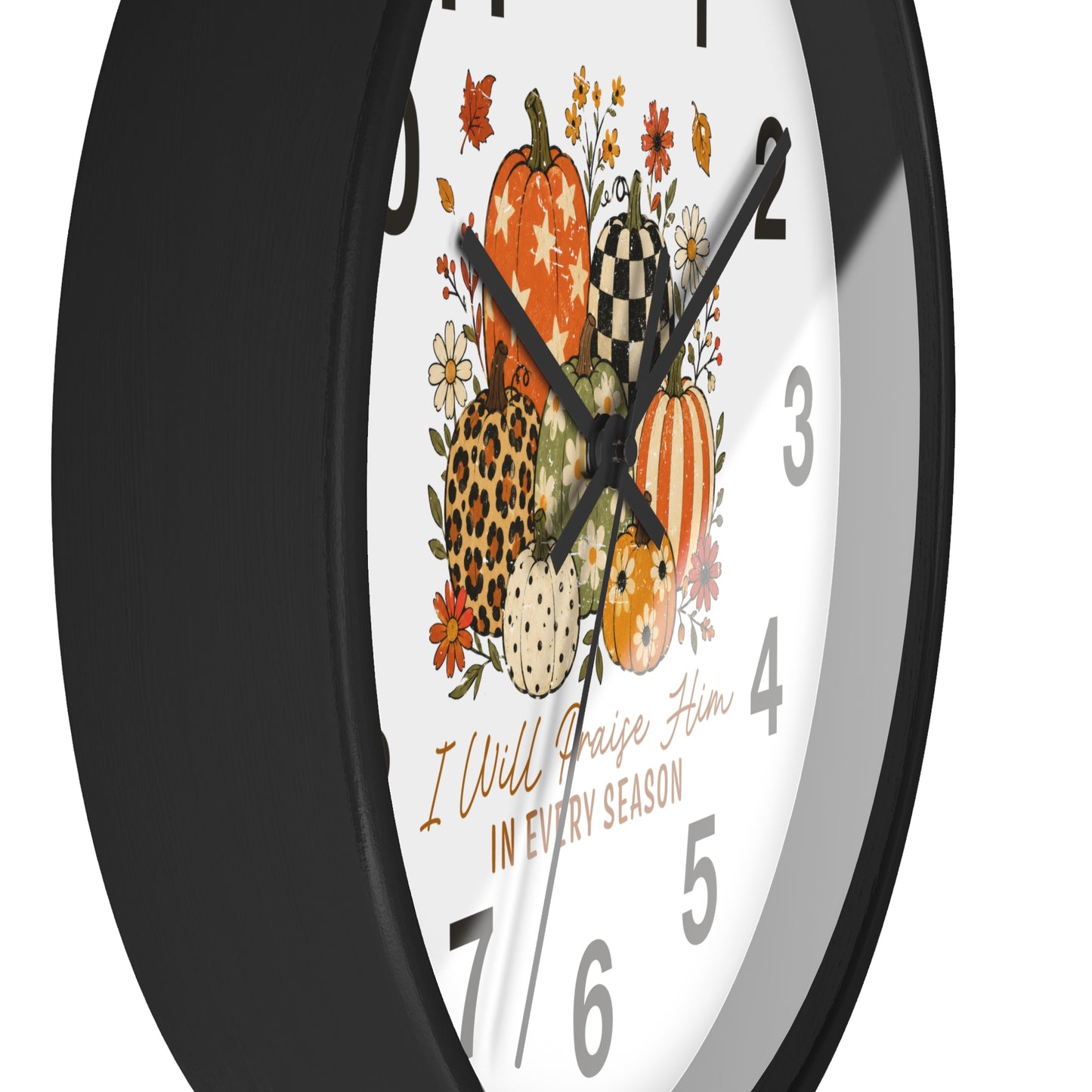 Autumn Wall Clock — "I Will Praise Him in Every Season" Fall Pumpkin Floral Decor