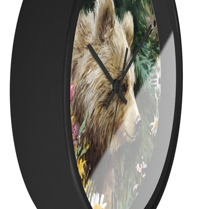 Bear Cub Floral Wall Clock — Rustic Woodland Nursery Decor