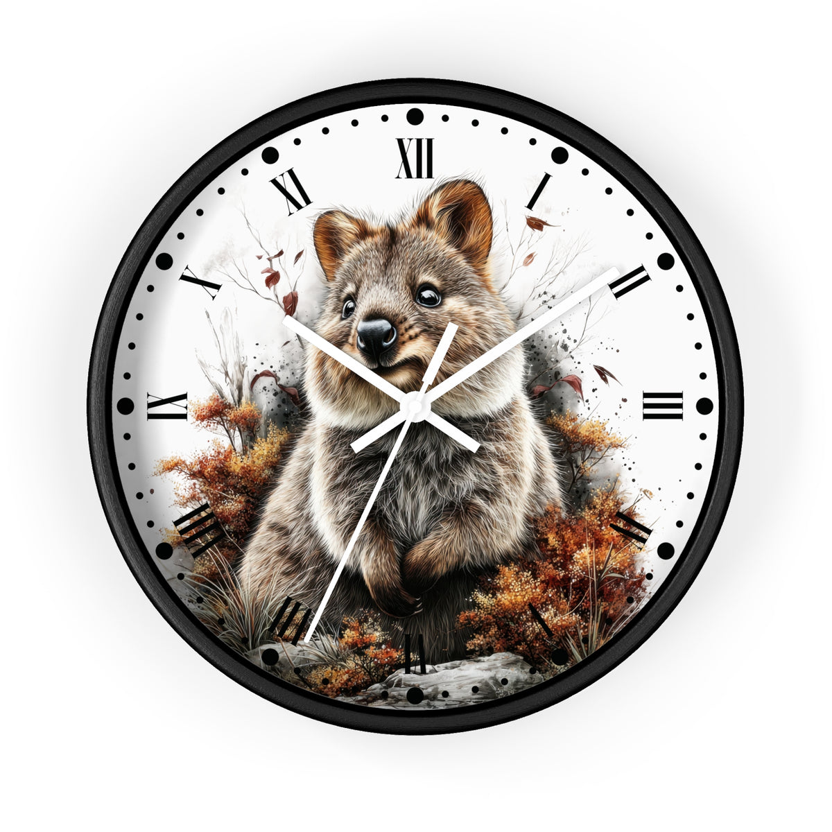 Round wall clock with a black frame and a white face featuring a detailed illustration of a brown and gray quokka surrounded by autumn foliage. The clock has black Roman numerals and white hands, shown against a plain white background.