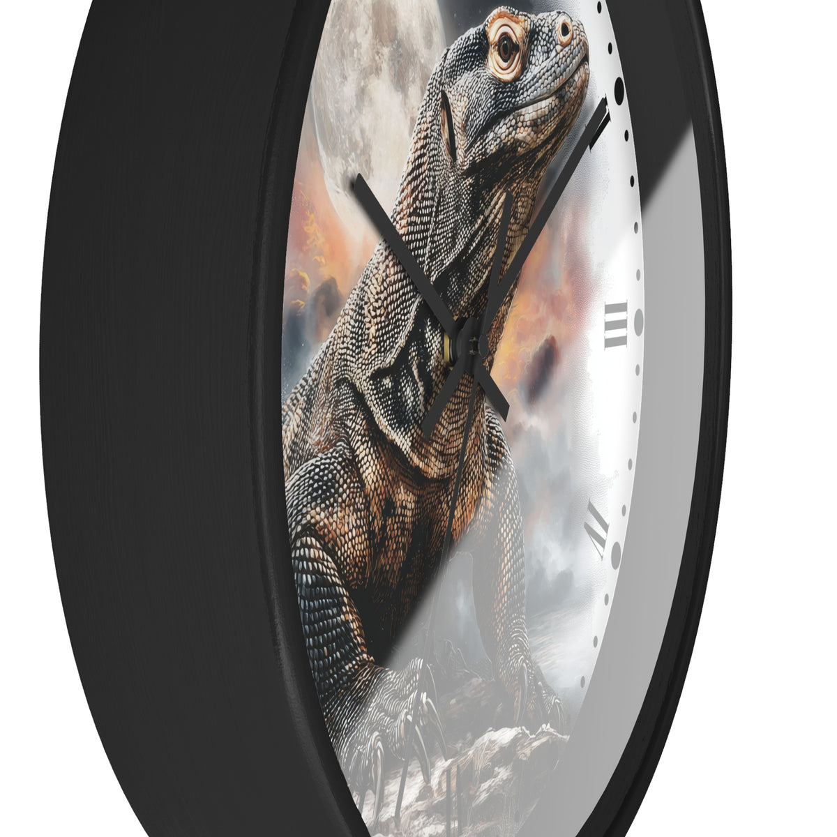 A close-up of a round wall clock with a black frame and a printed lizard illustration on the face, photographed against a plain white background.