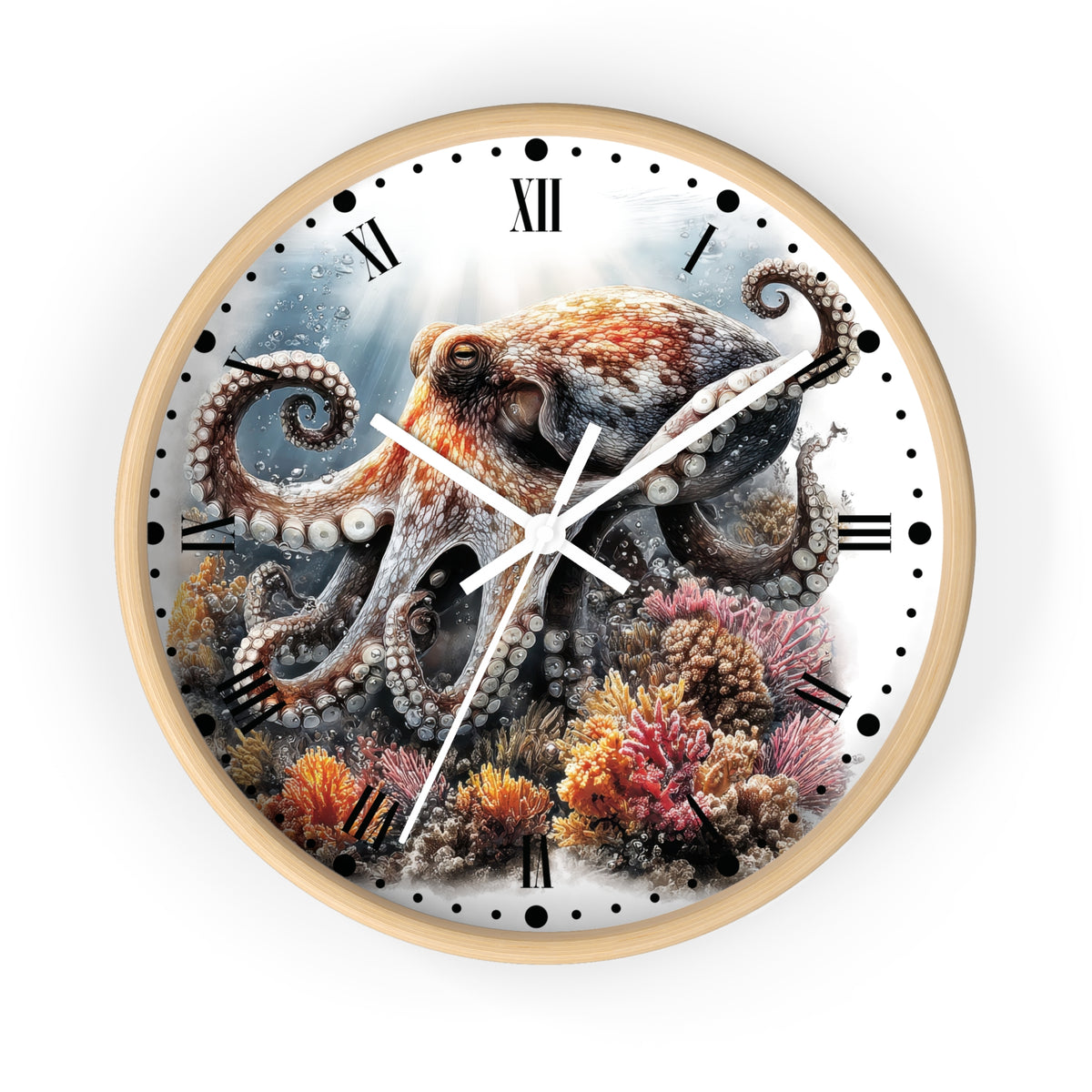 Round wall clock with a light wood frame and a printed ocean scene featuring a large octopus over coral, with black Roman numerals and white hands on a white face.