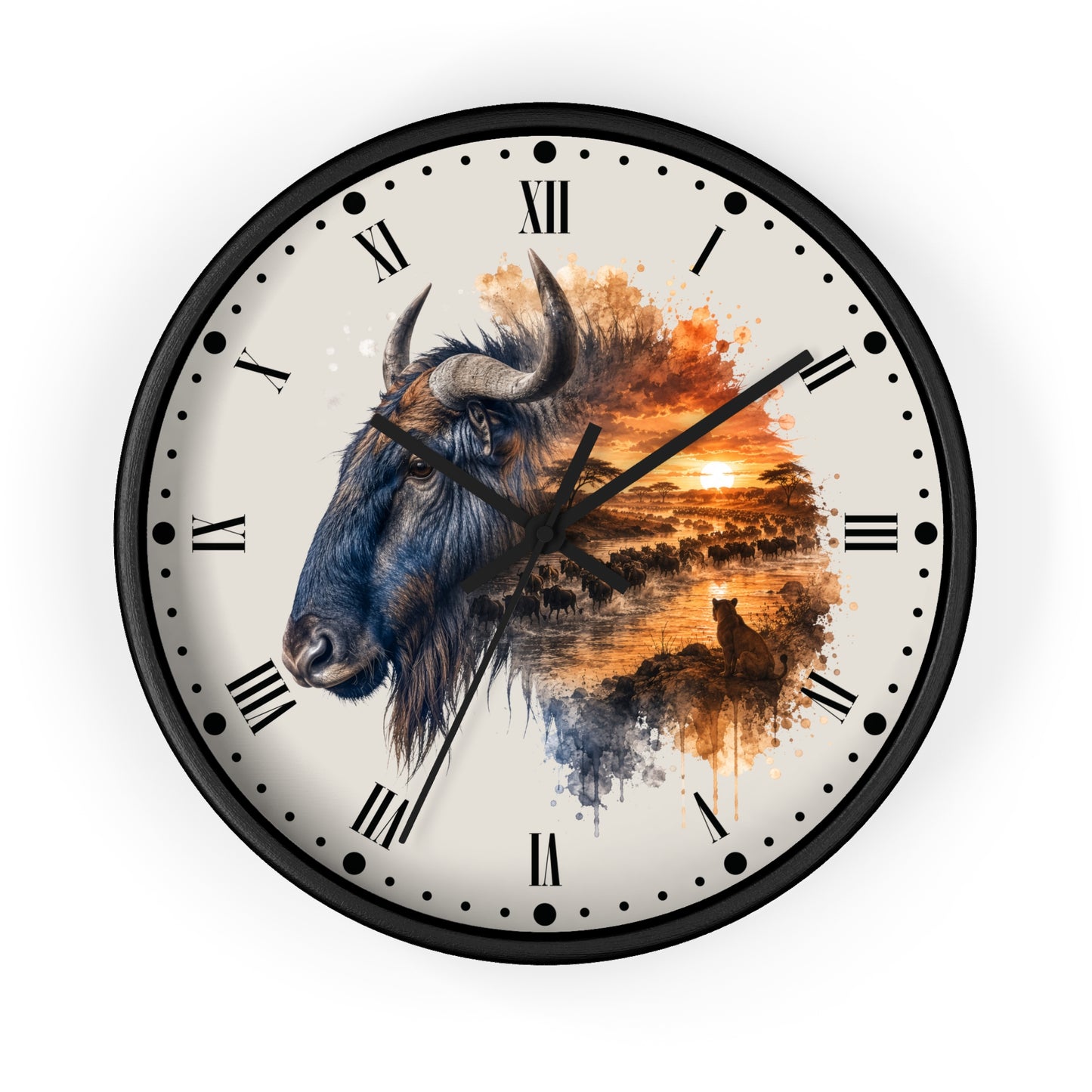 A round wall clock with a black frame and Roman numerals, featuring a watercolor-style print of a blue wildebeest on the left and an orange sunset savanna scene on the right, shown against a plain white background.