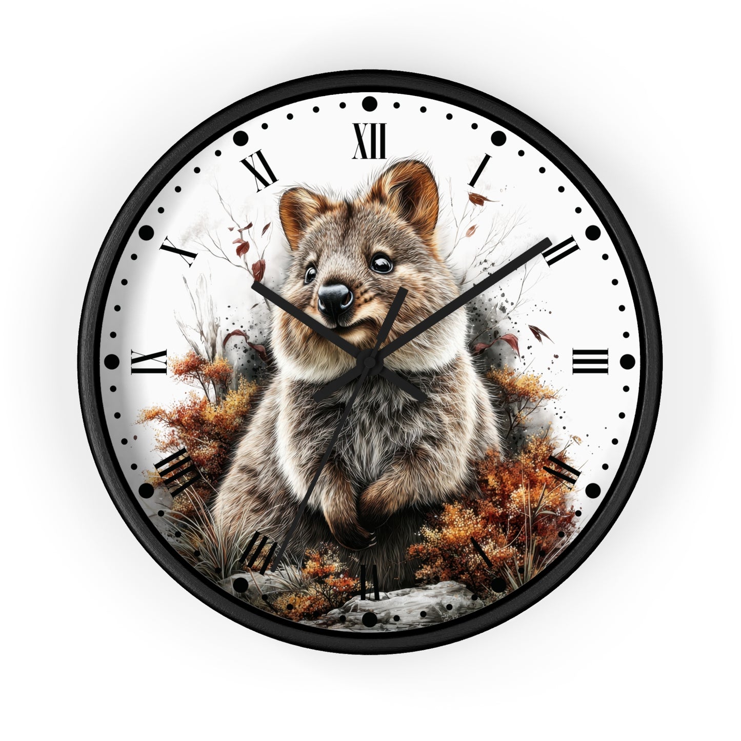Round wall clock with a black frame and a white face featuring a detailed illustration of a quokka surrounded by autumn foliage. The clock has black Roman numerals and black hands.