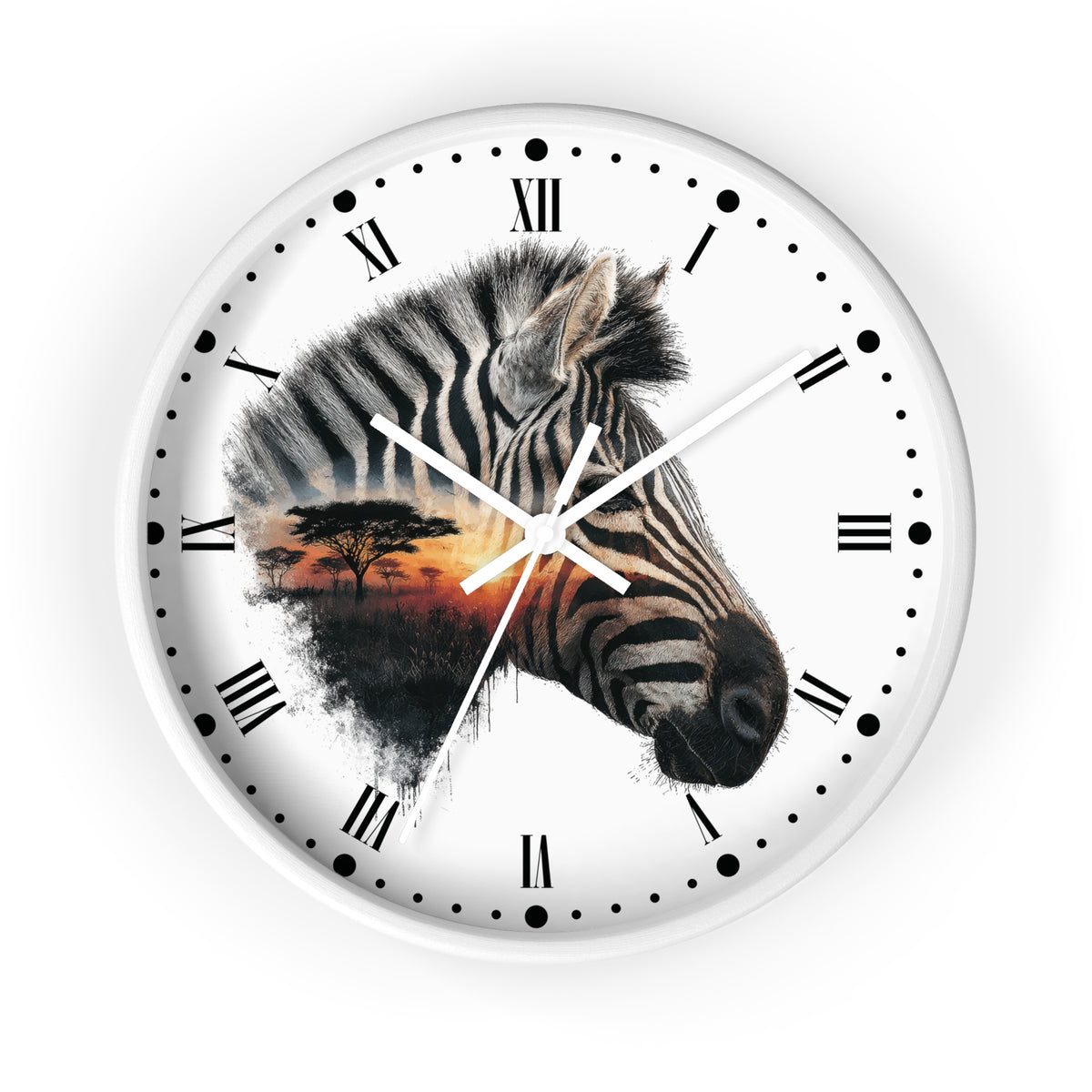 Zebra Sunset Wall Clock with Roman Numerals — African Savanna Animal Decor