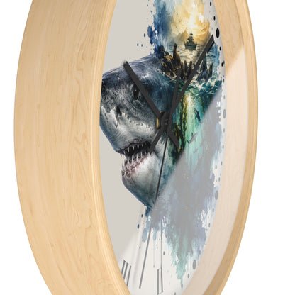Ocean Shark & Seals Wall Clock — Watercolor Ship Nautical Art Decor