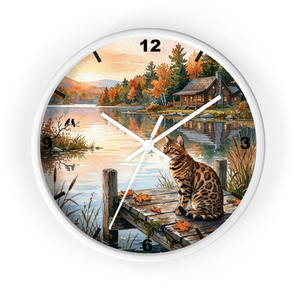 Autumn Lakeside Bengal Cat Wall Clock — Rustic Cabin Sunset Decor