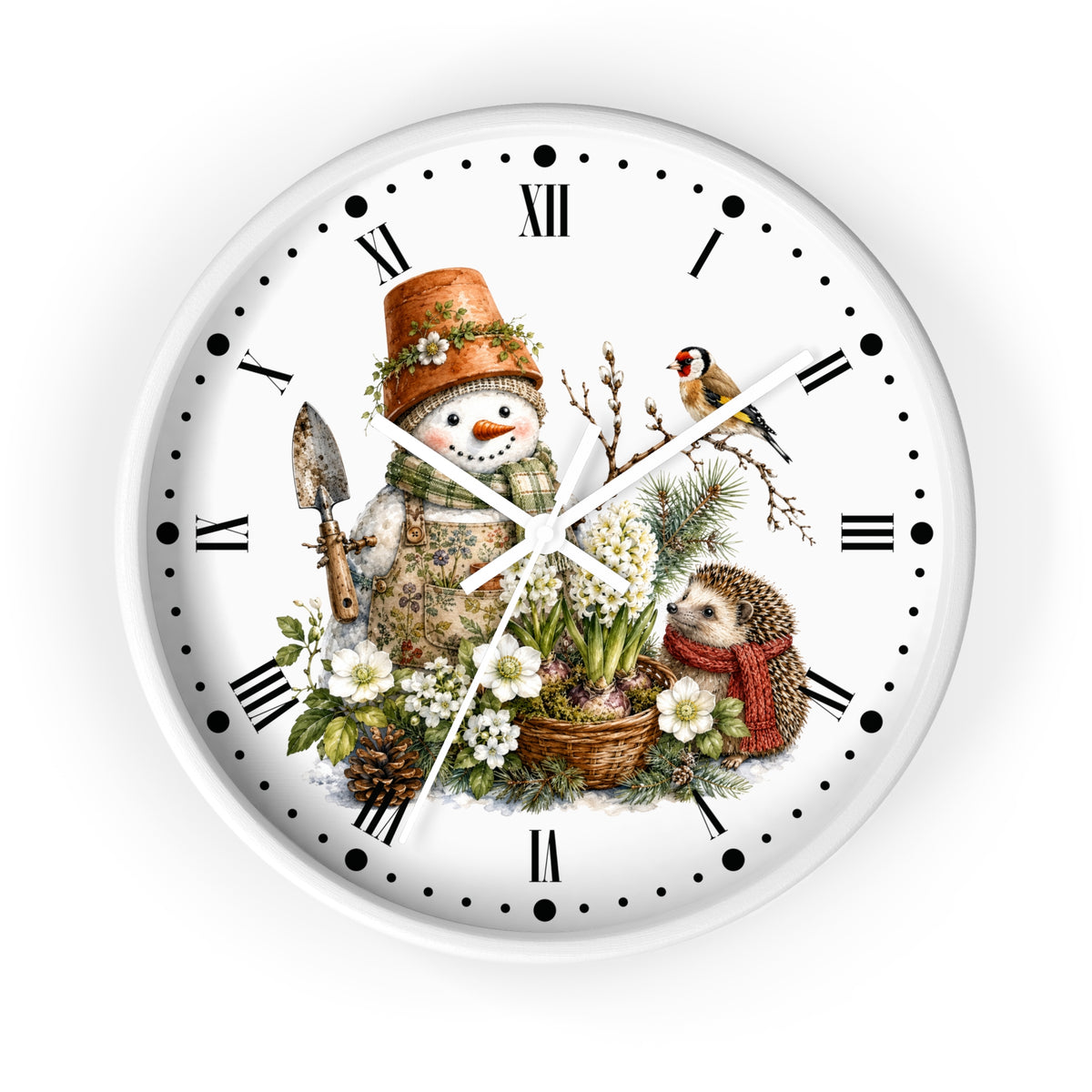 A round white wall clock with a whimsical spring garden illustration on the face, featuring a snowman in gardening attire, a small bird, a hedgehog, flowers, and pinecones. The clock has black Roman numerals and black dot hour markers.