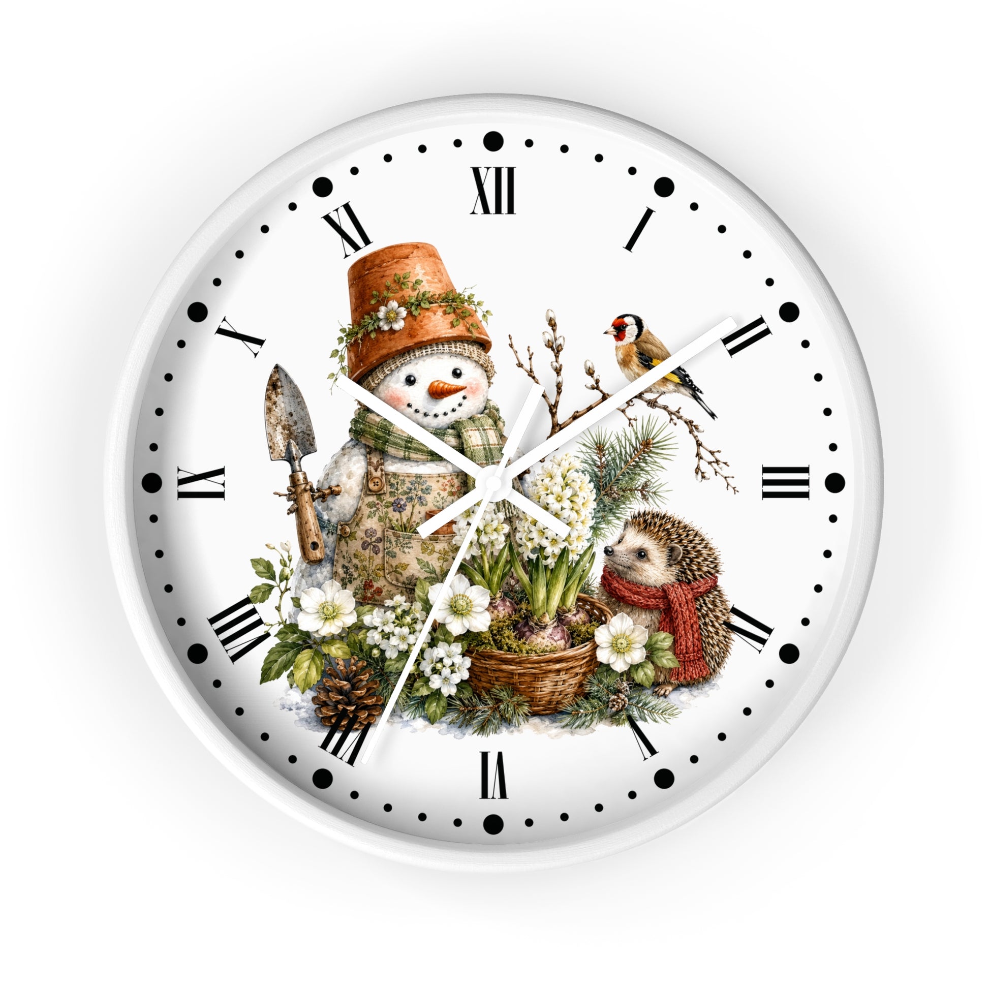 A round white wall clock with a whimsical spring garden illustration on the face, featuring a snowman in gardening attire, a small bird, a hedgehog, flowers, and pinecones. The clock has black Roman numerals and black dot hour markers.