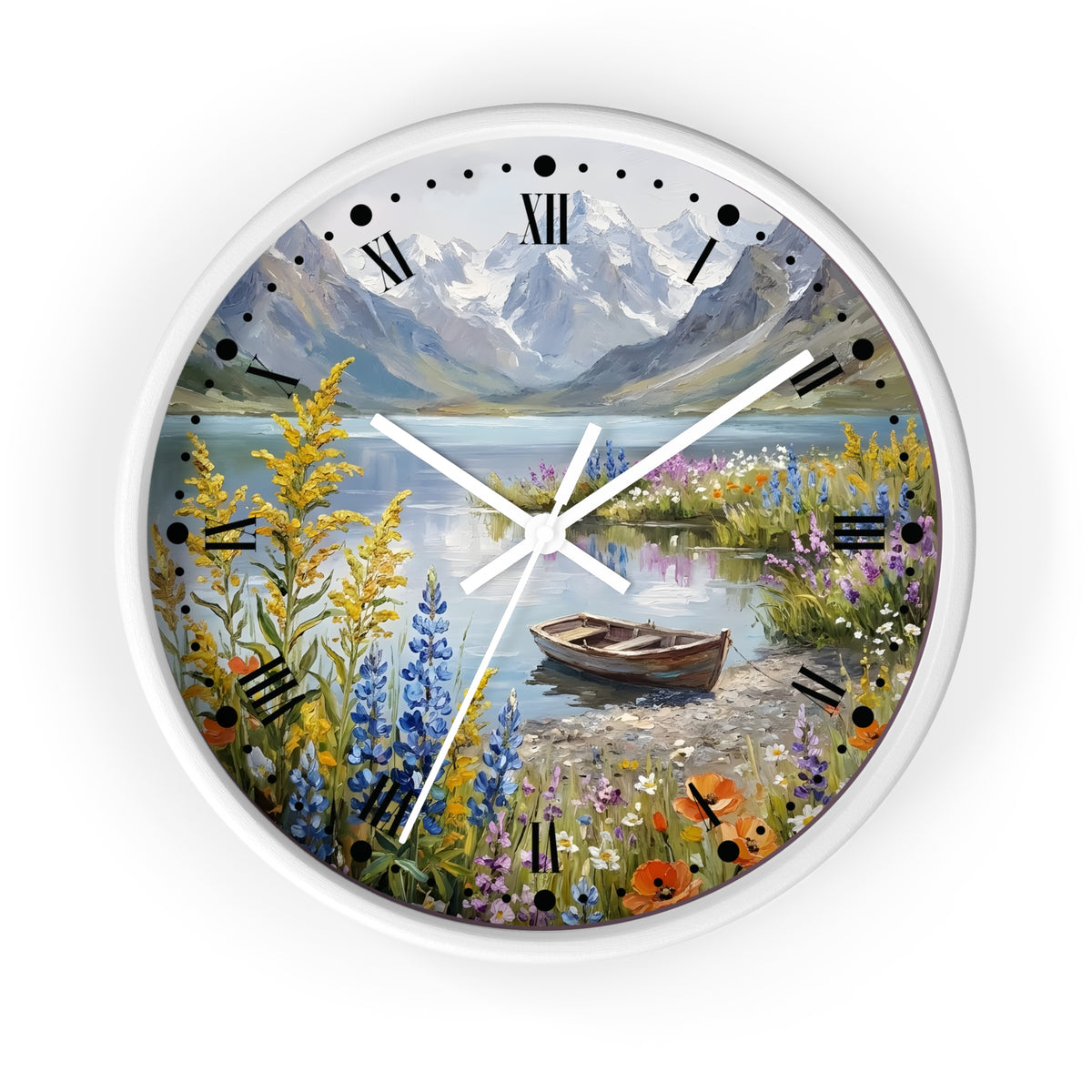 Round wall clock with a white frame and a scenic landscape print featuring a mountain lake, flowers, a rowboat, and black Roman numeral hour markers.