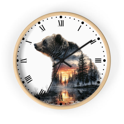 Bear Silhouette Wall Clock — Mountain Sunset Forest Double Exposure Decor
