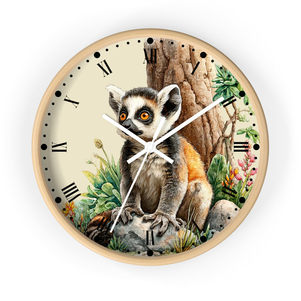 Round wall clock with a light wood frame and a printed illustration of a lemur sitting in front of a tree trunk, with Roman numerals and white clock hands on a white background.