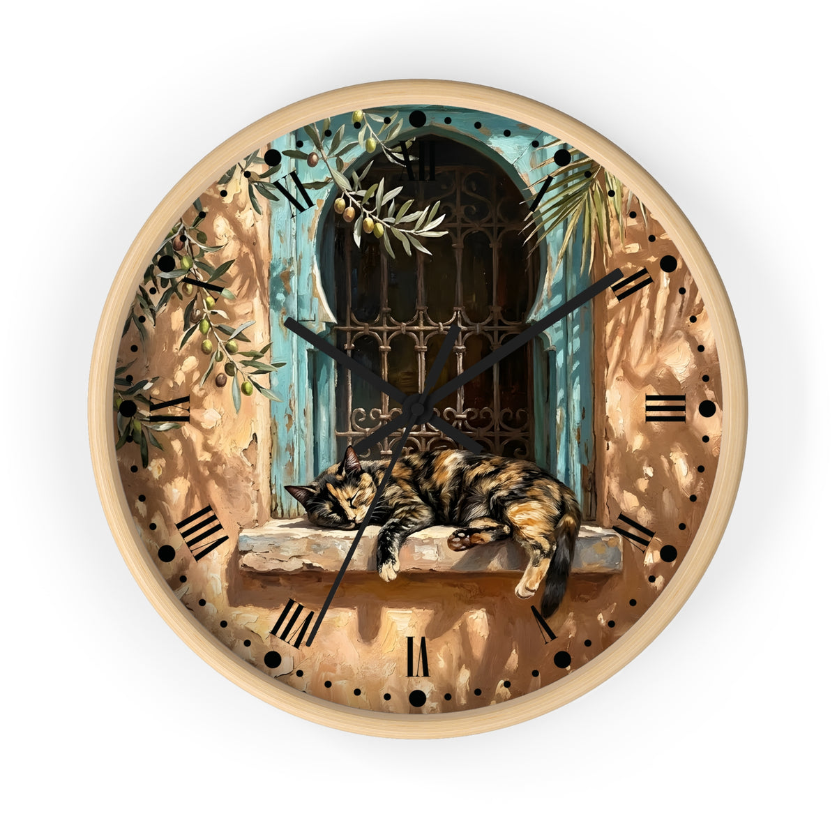 Mediterranean Torte Cat Wall Clock — Sleeping Calico Tabby Window Scene