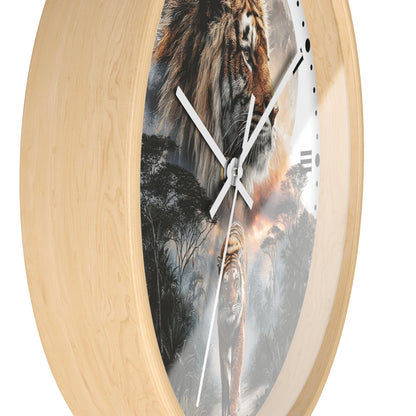 Round wall clock with a light natural wood frame and a printed safari scene featuring a large tiger head on top and tiger waking  on the face, shown against a plain white background.