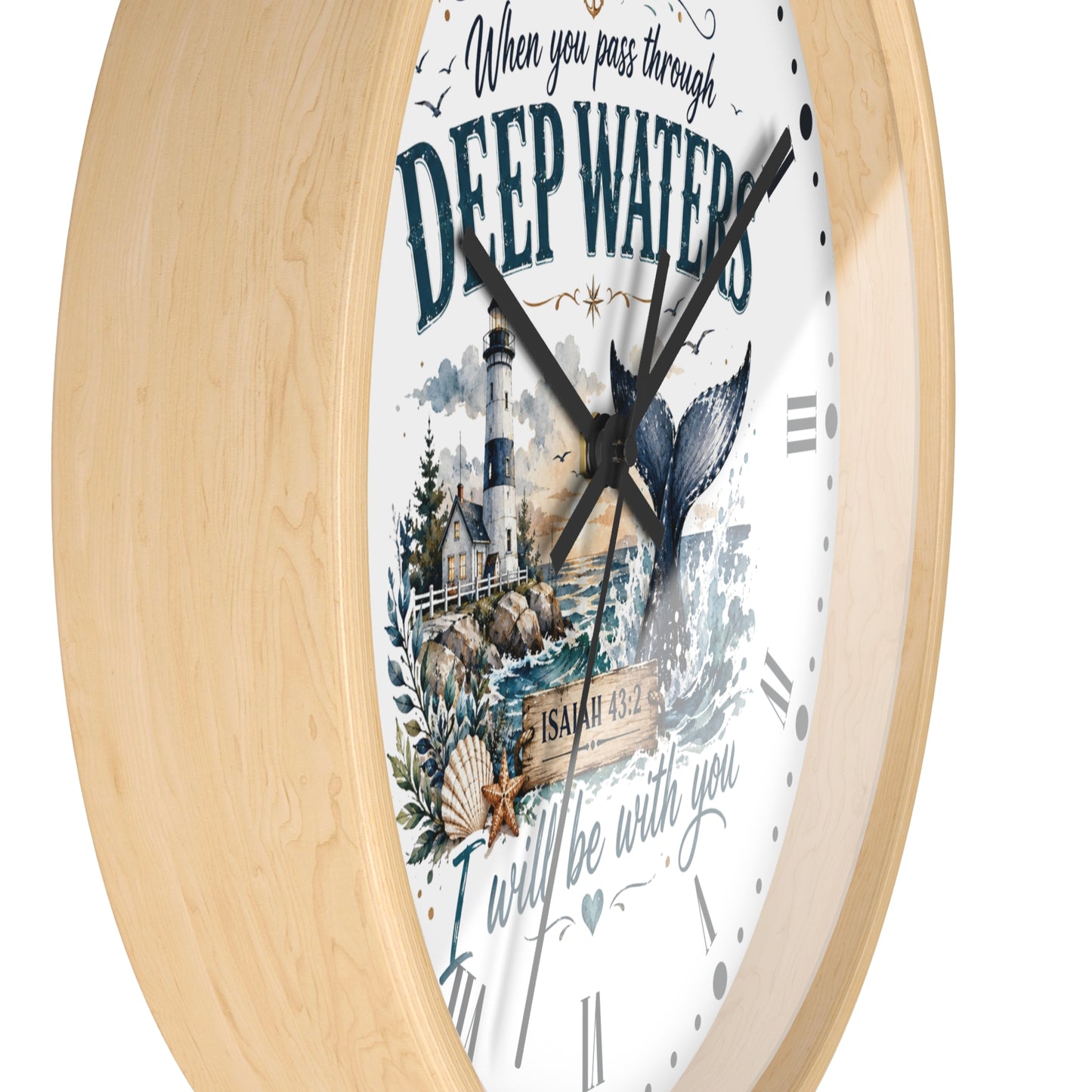 Inspirational Lighthouse Bible Verse Wall Clock — "When You Pass Through Deep Waters" (Isaiah 43:2)