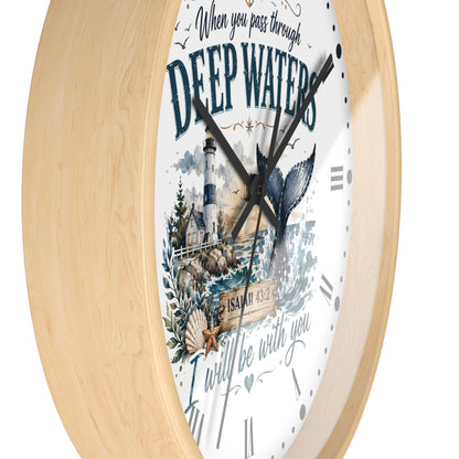 Inspirational Lighthouse Bible Verse Wall Clock — "When You Pass Through Deep Waters" (Isaiah 43:2)