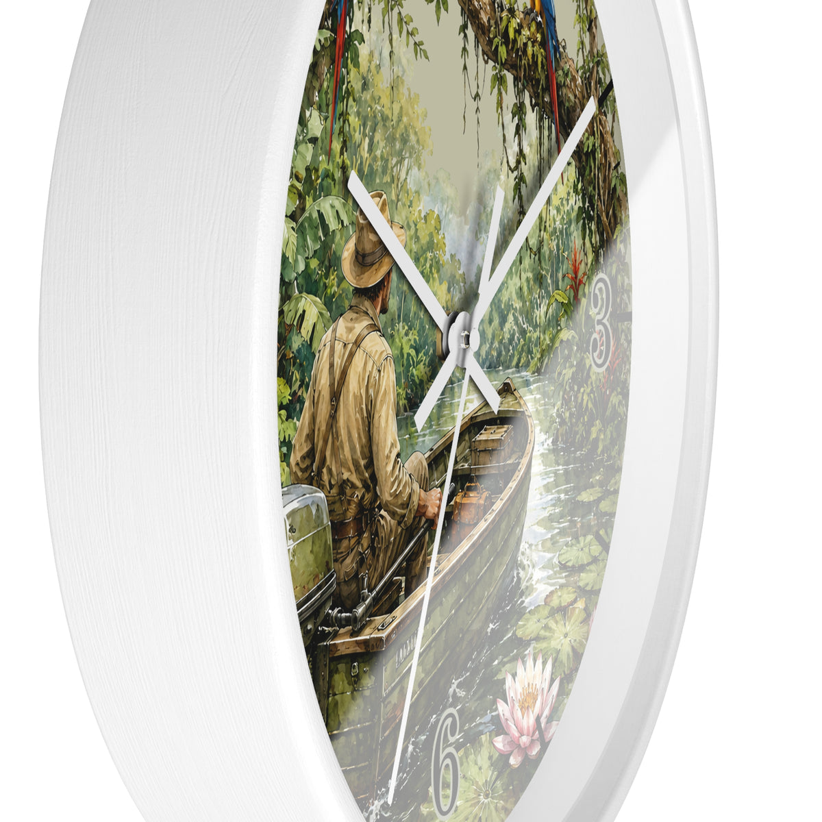 A round white wall clock featuring a printed illustration of a man in a boat on a river surrounded by lush green trees and water lilies. The clock has white hands and the number 6 visible on the lower right side.