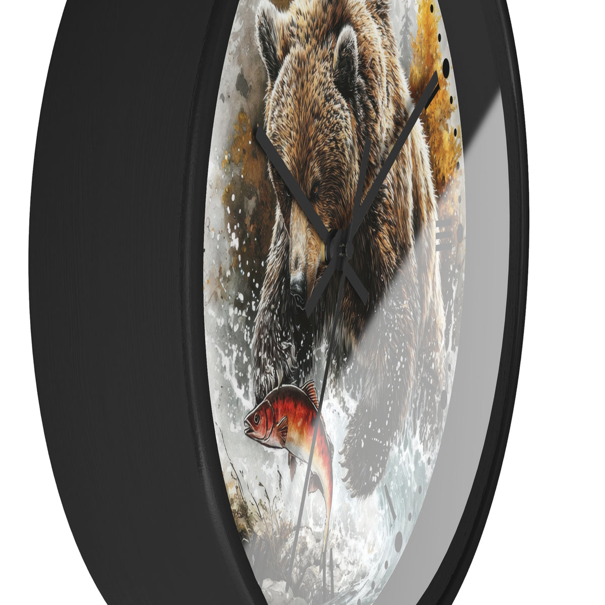Bear Fishing Wall Clock — Rustic Wildlife River Scene Home Decor