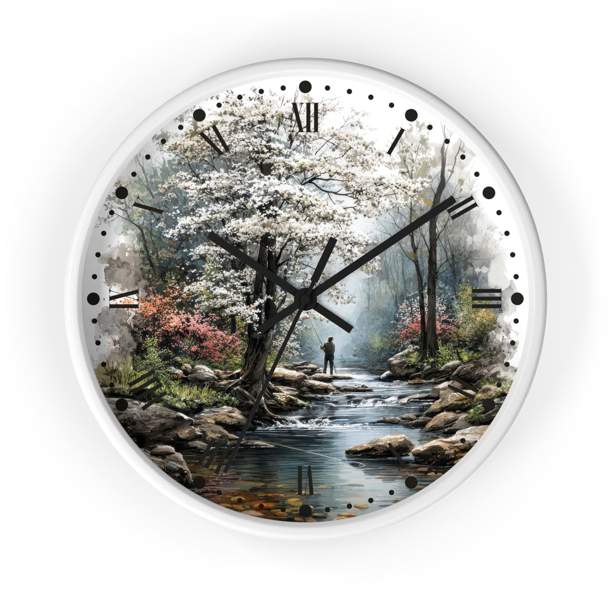 Round wall clock with a white frame and a scenic landscape print featuring a stream, trees, rocks, and a small figure, with black Roman numerals and hands on a white background.