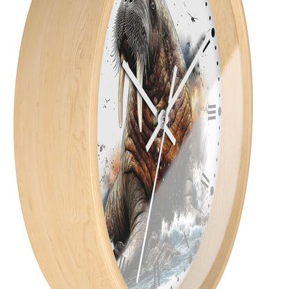 Round wall clock with a light natural wood frame and a printed face showing a walrus above a snowy ocean scene, photographed on a white background.
