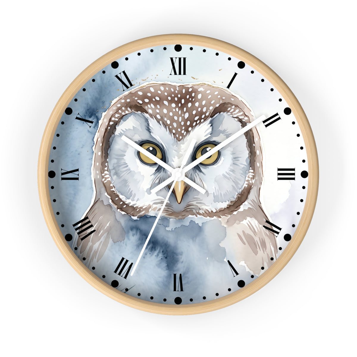 A round wall clock with a light wood frame and a watercolor-style owl illustration on the face. The clock has black Roman numerals, black dot hour markers, white hands, and a soft blue-gray watercolor background.