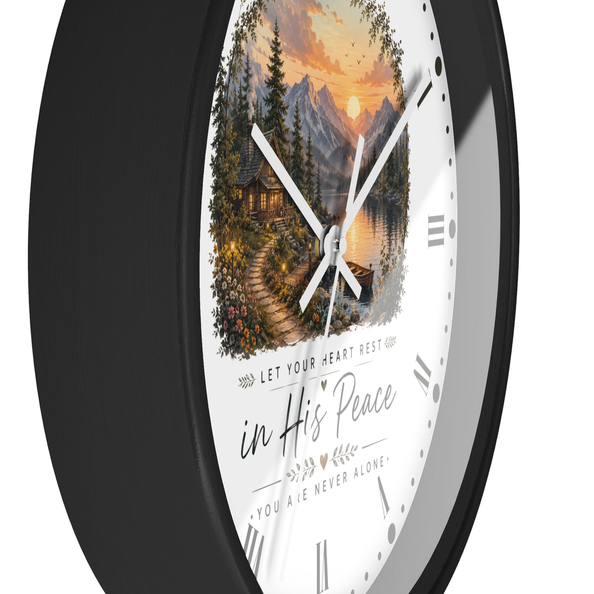 Scenic Cabin Christian Wall Clock - 'In His Peace Let Your Heart Rest'