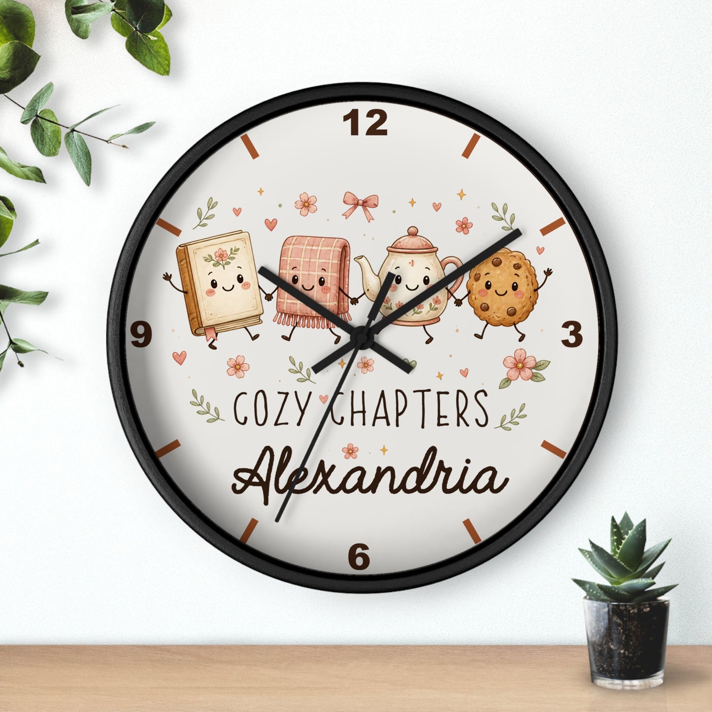 Cozy Chapters Personalized Wall Clock | Cute Book & Tea Kids Room Decor