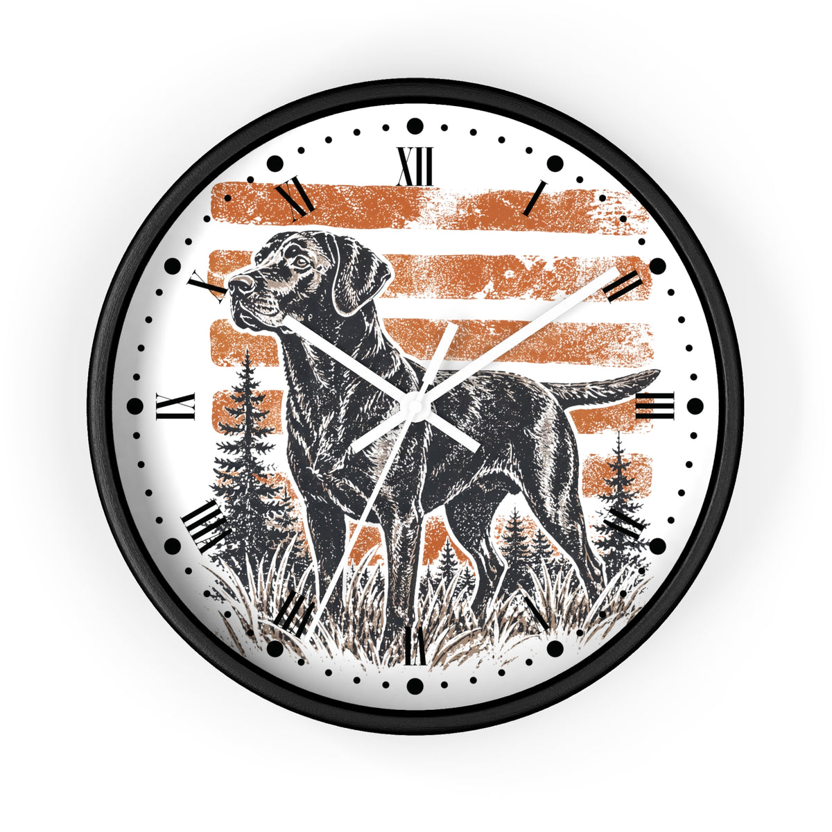 A round wall clock with a black frame and a white face featuring a black dog illustration over distressed orange horizontal stripes and black tree silhouettes. The clock uses black Roman numerals and white hands.