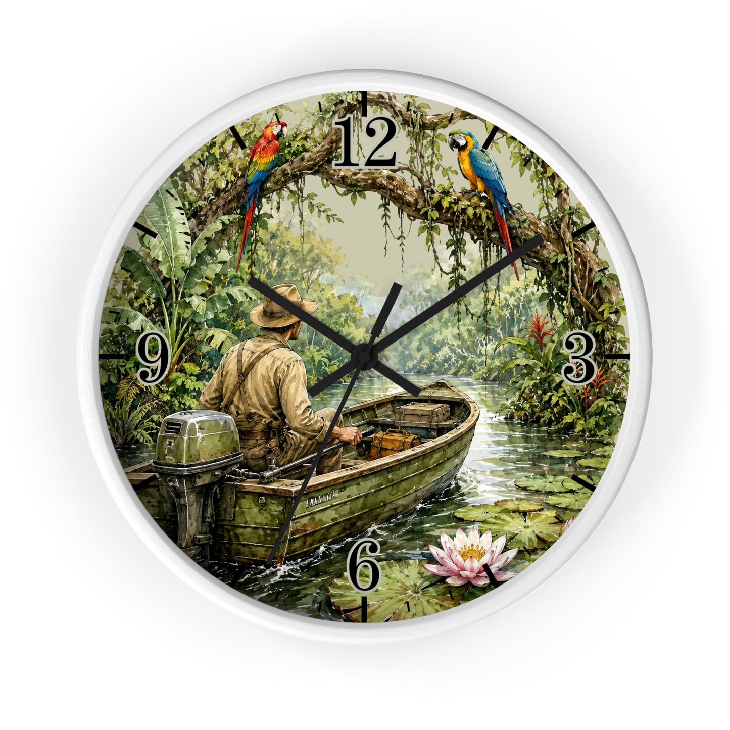 A round wall clock with a white frame, featuring a printed tropical jungle scene with a man rowing a small motorboat on a river, parrots on branches, numerals for the hours, and a pink water lily near the bottom.