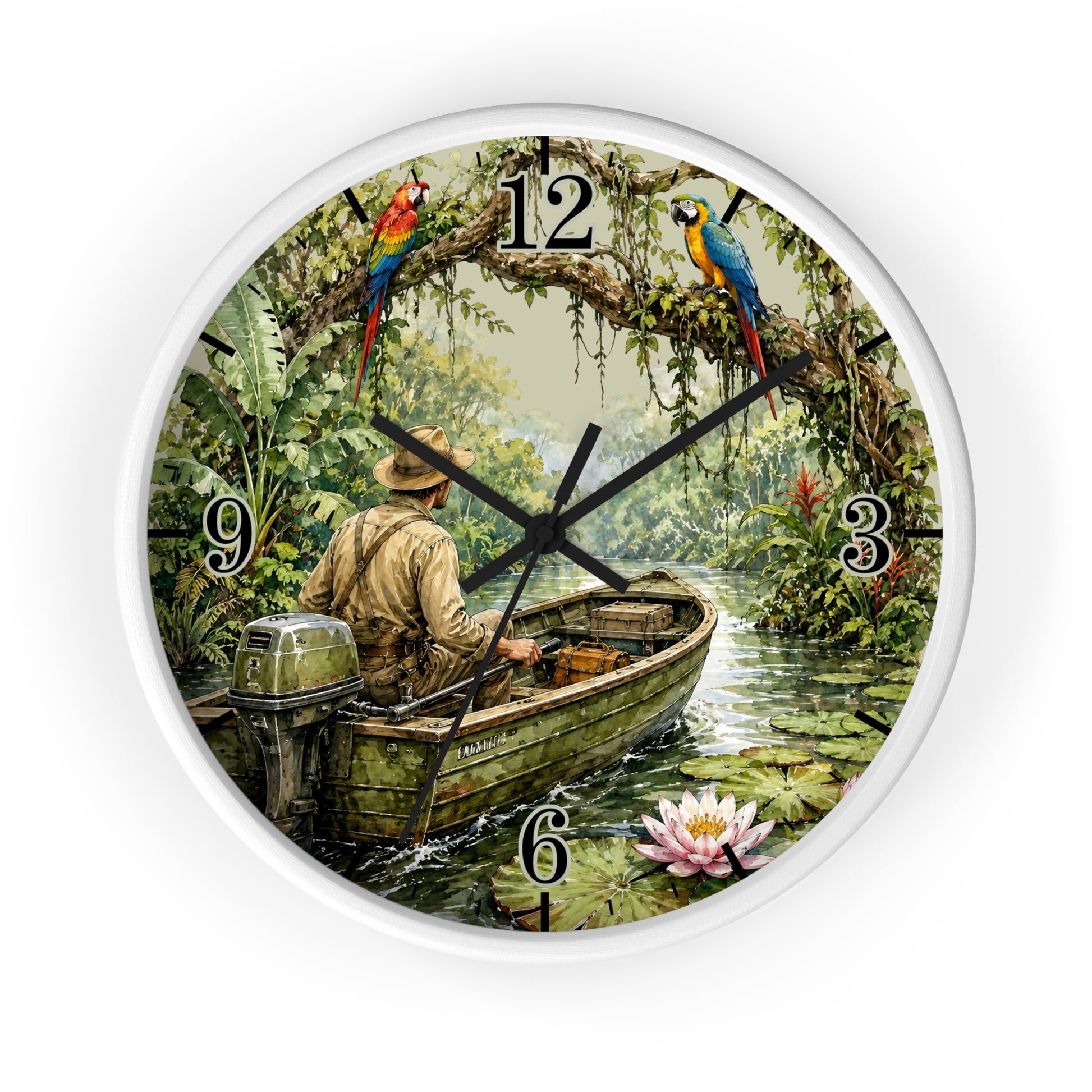 A round wall clock with a white frame, featuring a printed tropical jungle scene with a man rowing a small motorboat on a river, parrots on branches, numerals for the hours, and a pink water lily near the bottom.