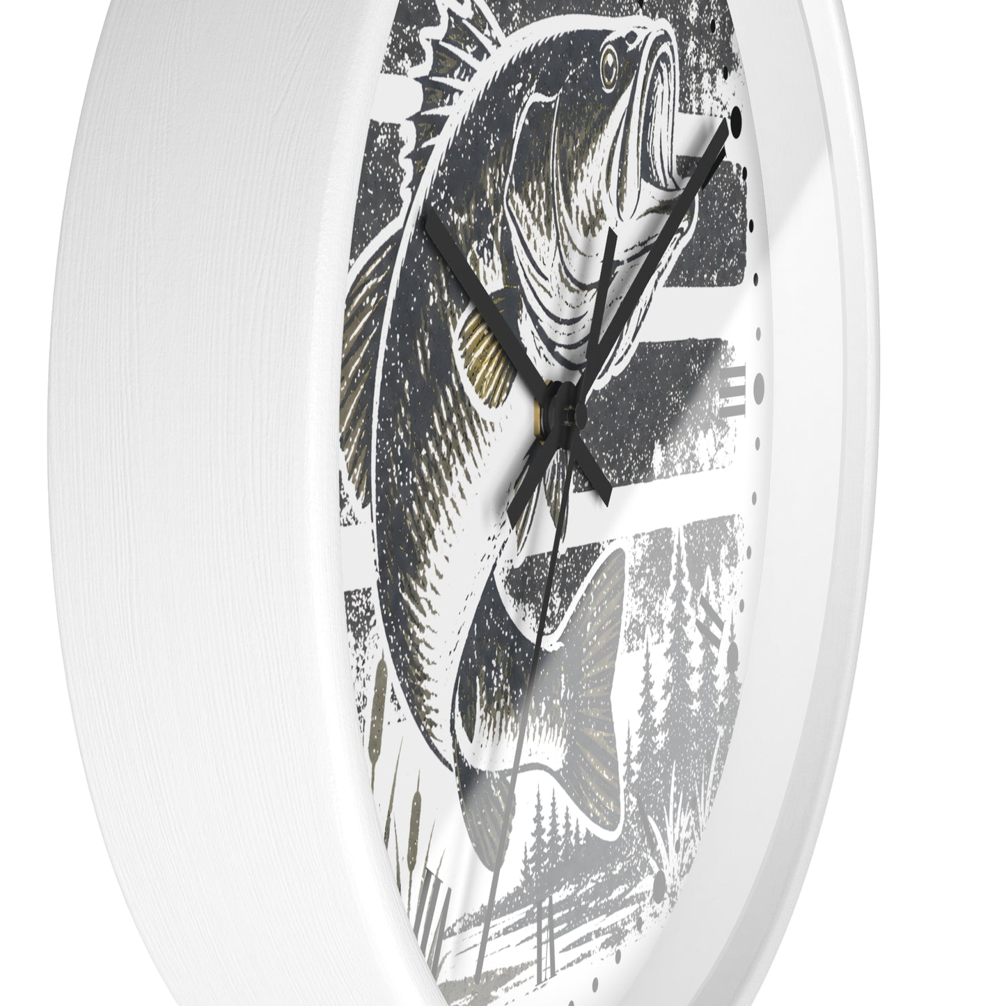 A round wall clock with a white frame and a printed fish illustration on the face. The clock shows a large black-and-white bass with gray and black brushstroke details, plus black hands.
