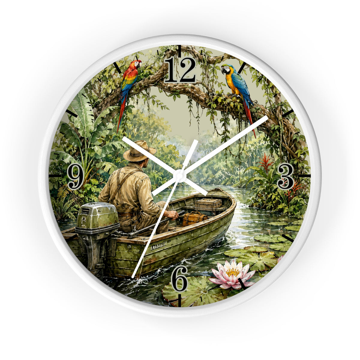 A round wall clock with a white frame and a detailed tropical jungle scene printed on the face. The artwork shows a man rowing a small motorboat on a river, parrots perched on branches, black numerals for hours, and a pink lotus flower on the water.