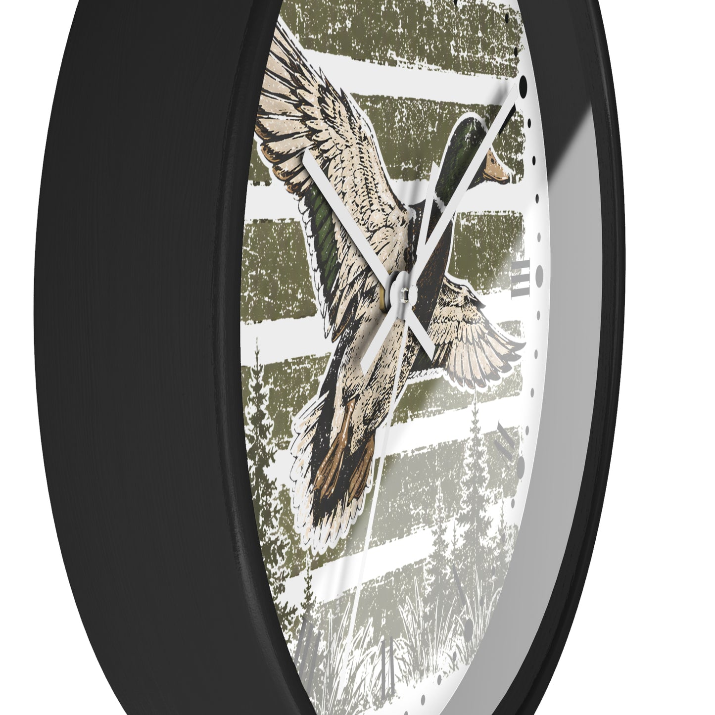 Round wall clock with a black frame and a rustic duck design on the face, shown against a plain white background.
