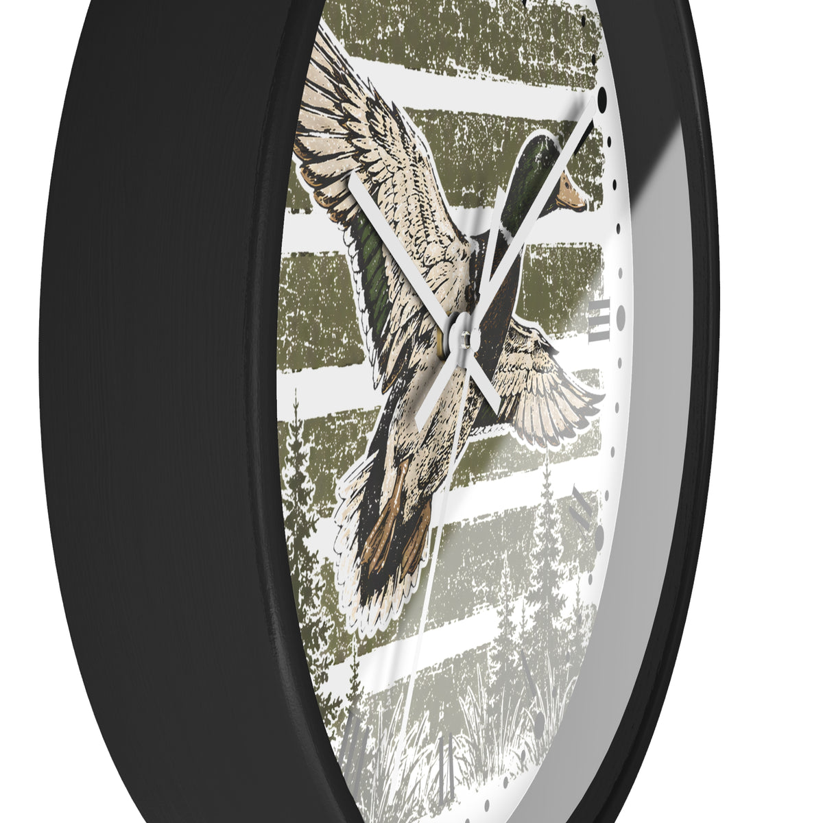 Round wall clock with a black frame and a rustic duck design on the face, shown against a plain white background.