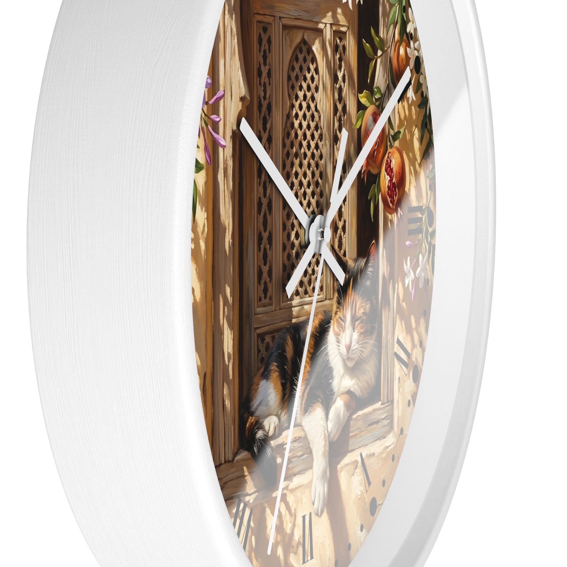 Round white wall clock with a printed cat-and-window scene on the face and white hands, shown against a plain white background.