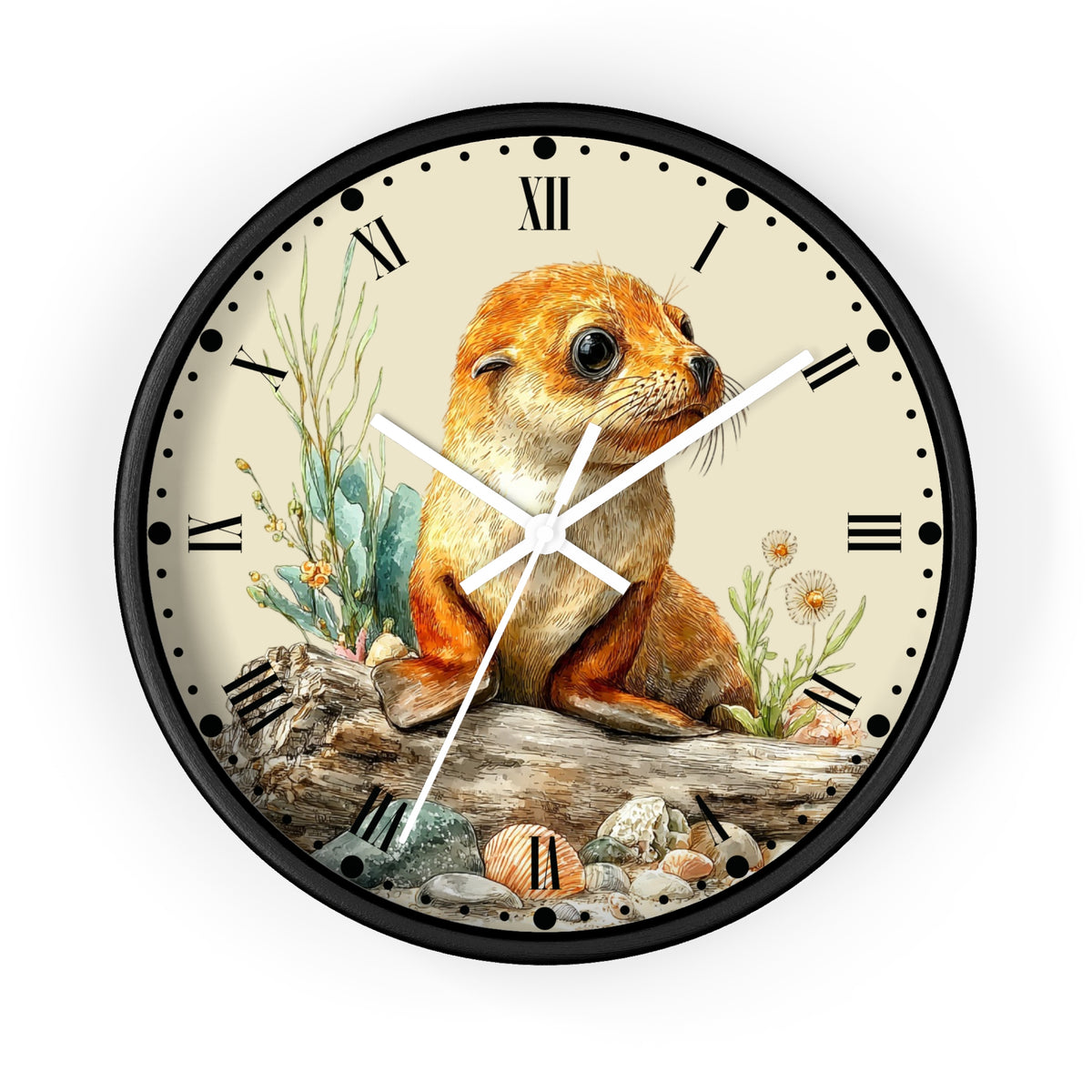 A round wall clock with a black frame and a cream-colored face featuring an illustrated seal pup sitting on driftwood with plants and shells. The clock has black Roman numerals and white hands, shown against a plain white background.