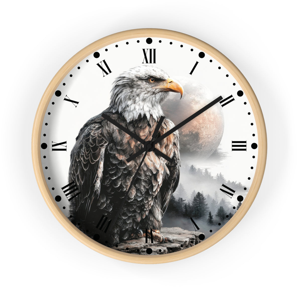 A round wall clock with a light wood frame and a printed dial featuring a bald eagle in front of a mountain landscape and large moon. The clock has black Roman numerals, black hour and minute hands, and white dots for seconds, shown on a plain white background.