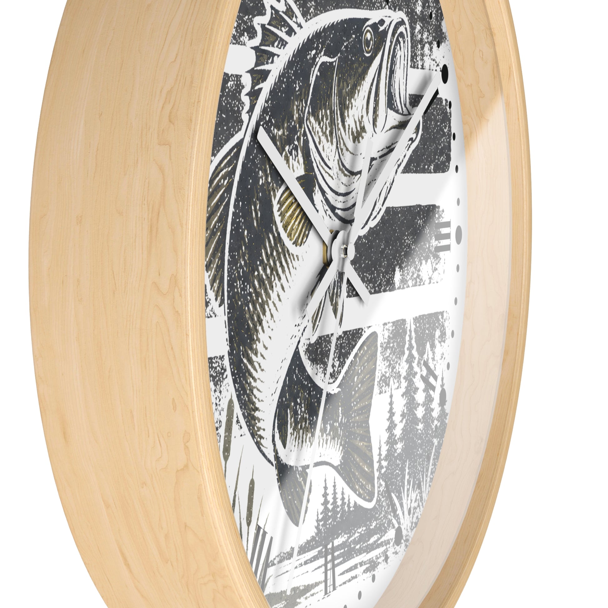 Round wall clock with a light natural wood frame and a black-and-white fish illustration on the face, shown against a plain white background.