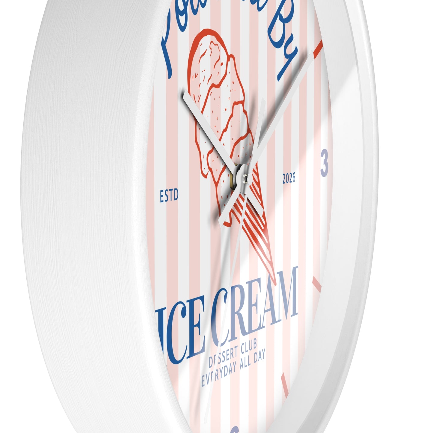 Dessert Club Wall Clock | "Powered By Ice Cream" Retro Striped  Kitchen Decor