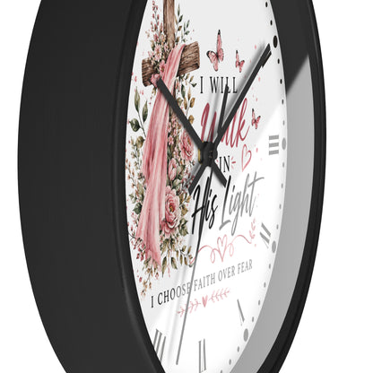 I Will Walk in His Light Wall Clock — Floral Cross Christian Cancer Awareness Gift