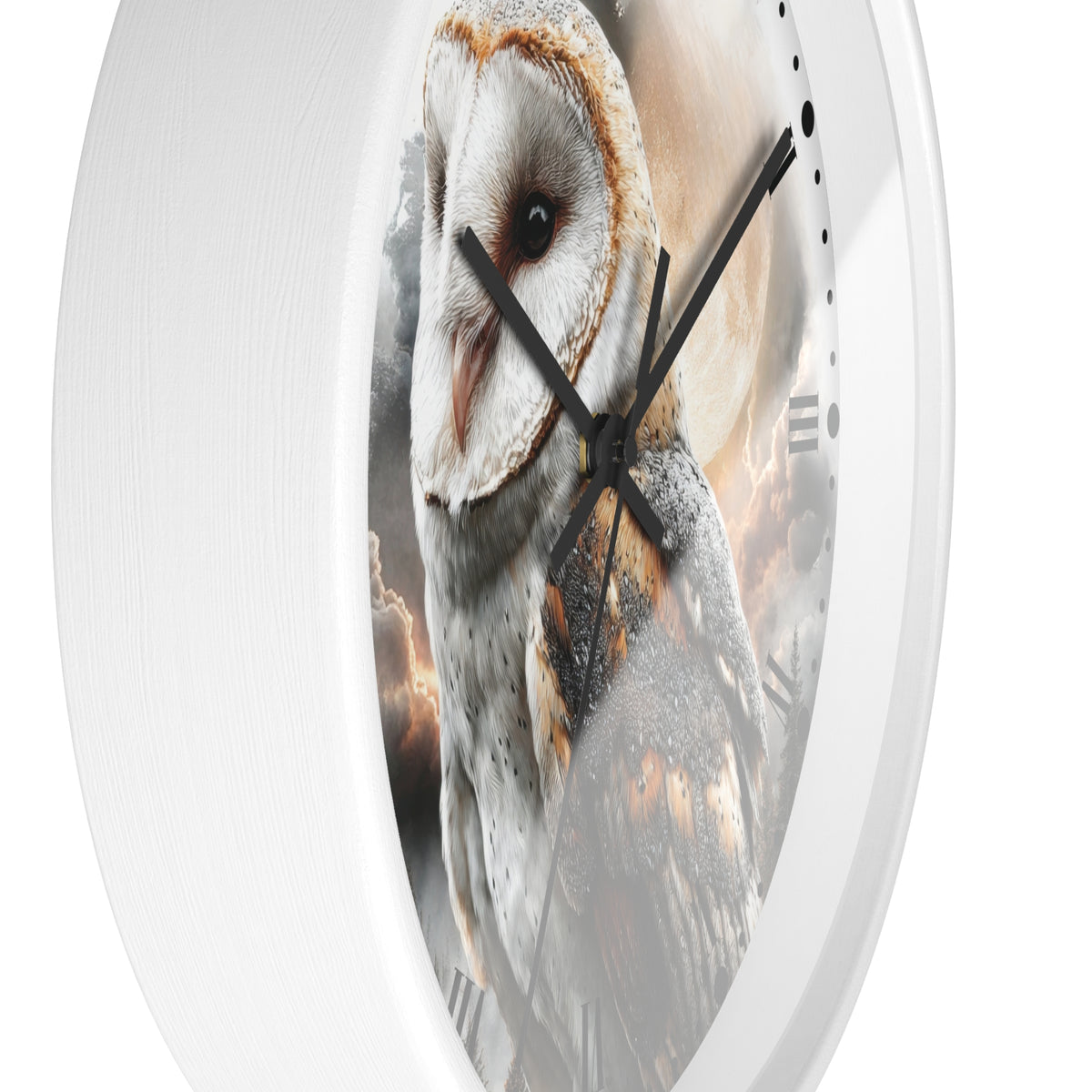 Round wall clock with a white frame and a printed owl design on the face, shown against a plain white background.