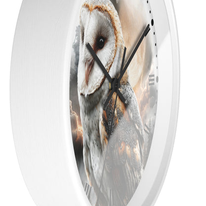 Round wall clock with a white frame and a printed owl design on the face, shown against a plain white background.
