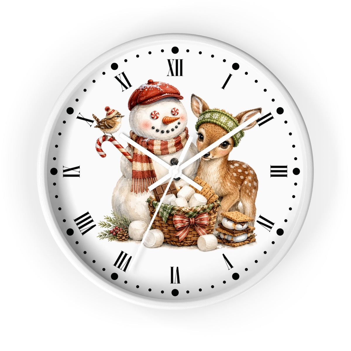 A round white wall clock with black Roman numerals and dot hour markers, featuring a festive illustration of a snowman in a red beret and scarf next to a small deer with a green hat and basket of eggs.