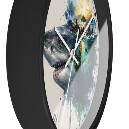 Ocean Shark & Seals Wall Clock — Watercolor Ship Nautical Art Decor